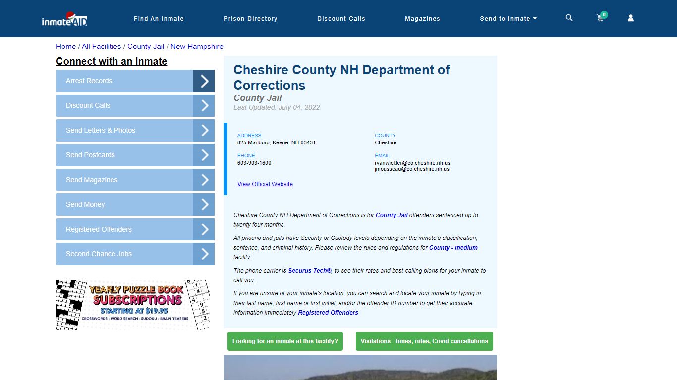 Cheshire County NH Department of Corrections - Inmate Locator - Keene, NH